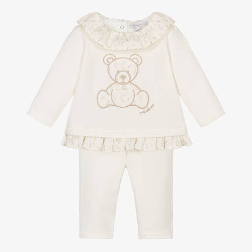 Patachou-Baby Girls Ivory Cotton Bear Trouser Set | Childrensalon