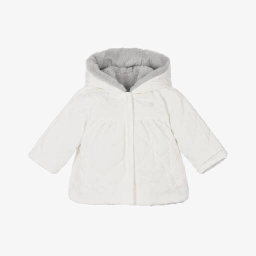 Patachou-Baby Girls Ivory & Grey Reversible Coat | Childrensalon