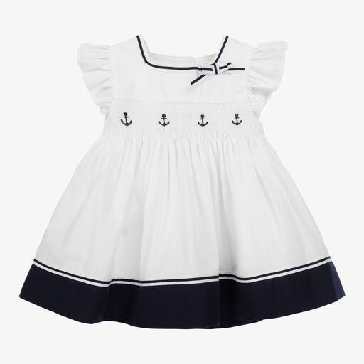 Patachou-Baby Girls White & Blue Cotton Dress | Childrensalon
