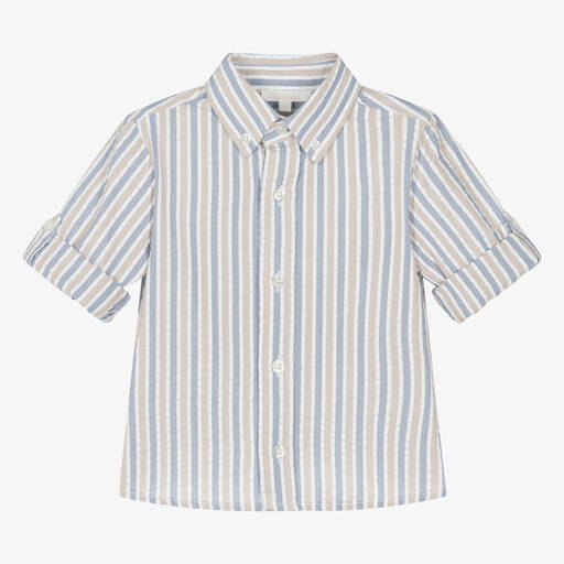 Patachou-Boys Blue & Beige Striped Cotton Shirt | Childrensalon