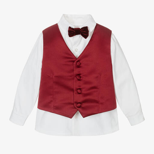 Patachou-Boys White Cotton & Red Satin Shirt | Childrensalon