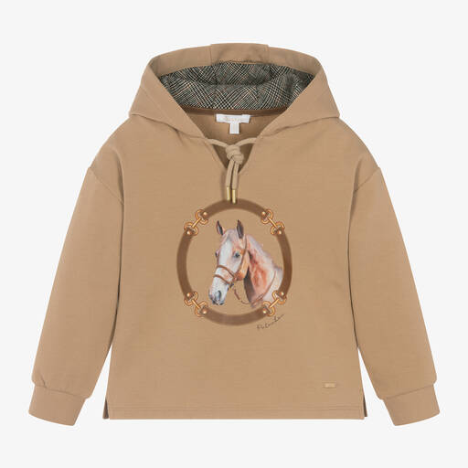 Patachou-Girls Beige Cotton Horse Print Hoodie | Childrensalon