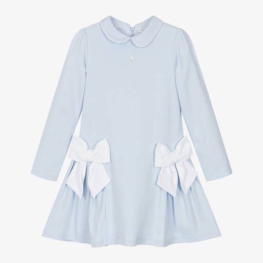 Patachou-Girls Blue Cotton Jersey Bow Dress | Childrensalon