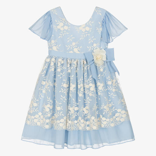 Patachou-Girls Blue Embroidered Chiffon Dress | Childrensalon