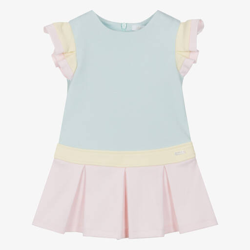 Patachou-Girls Blue & Pink Colourblock Cotton Dress | Childrensalon