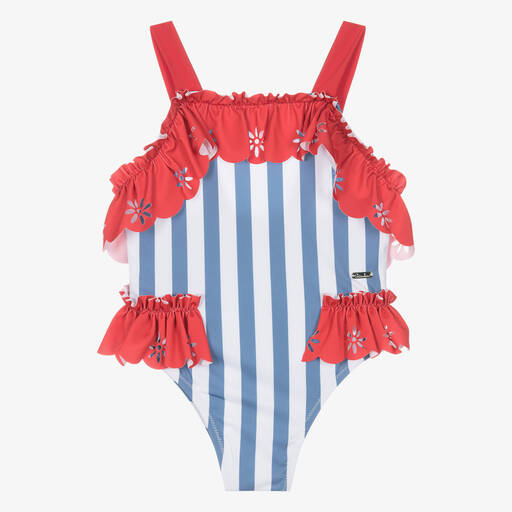 Patachou-Girls Blue & Red Ruffle Stripe Swimsuit (UV50) | Childrensalon