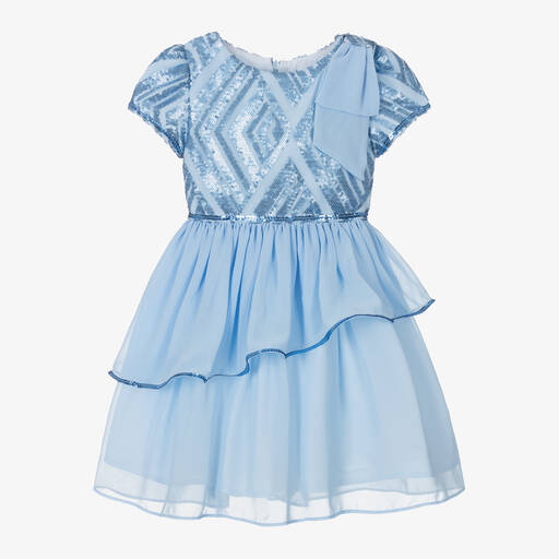 Patachou-Girls Blue Sequin Tulle & Chiffon Dress | Childrensalon