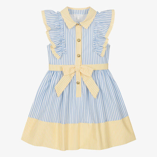 Patachou-Girls Blue & Yellow Stripe Poplin Dress | Childrensalon
