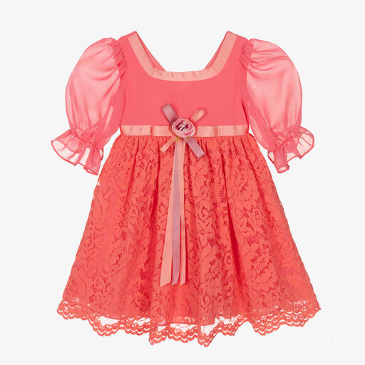 Patachou-Girls Coral Pink Chiffon & Lace Dress | Childrensalon