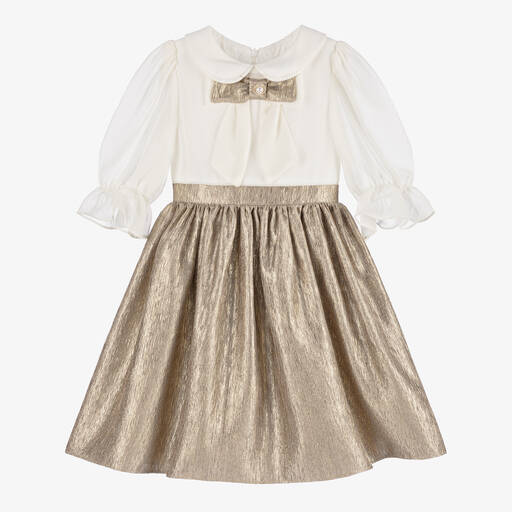 Patachou-Girls Gold & Ivory Bow Dress | Childrensalon