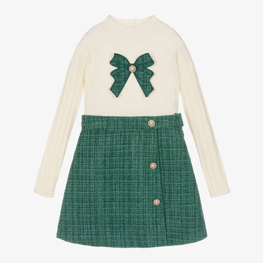 Patachou-Girls Green Viscose Tweed Skirt Set | Childrensalon