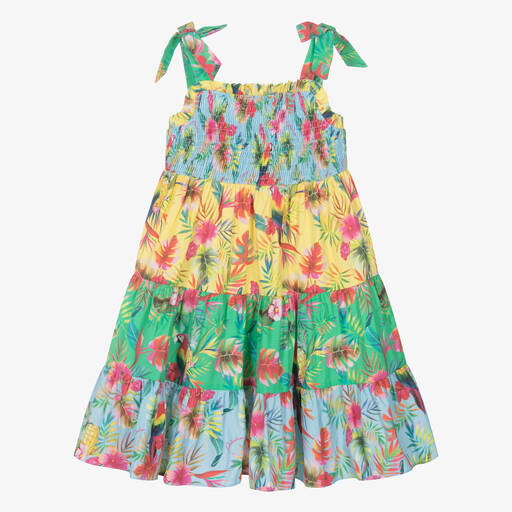 Patachou-Girls Green & Yellow Floral Poplin Dress | Childrensalon