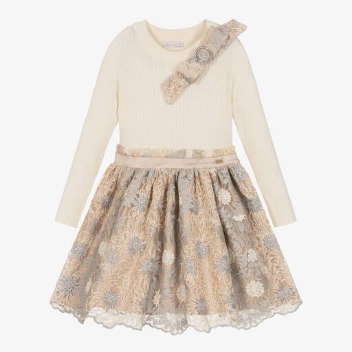 Patachou-Girls Ivory & Beige Floral Dress | Childrensalon