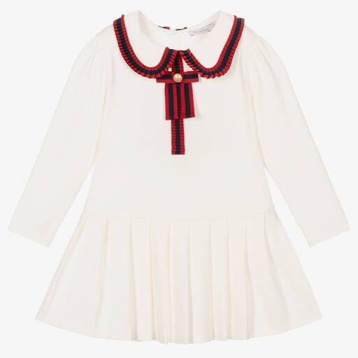 Patachou-Girls Ivory Cotton Jersey Pleated Dress | Childrensalon