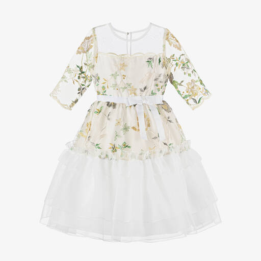 Patachou-Girls Ivory Embroidered Tulle & Chiffon Dress | Childrensalon