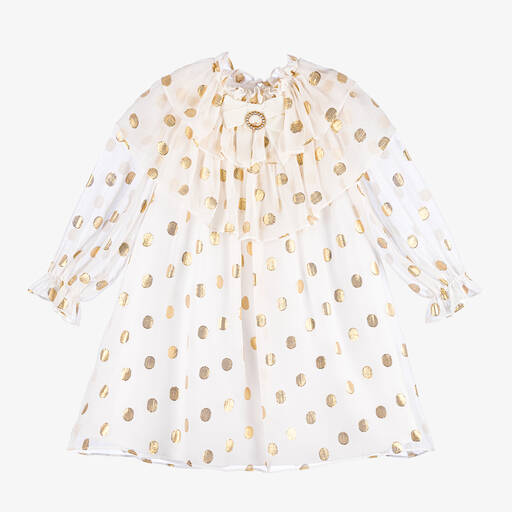 Patachou-Girls Ivory & Gold Dot Silk Chiffon Dress | Childrensalon