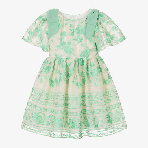 Patachou-Кремовое платье с зелеными цветами для девочек | Childrensalon