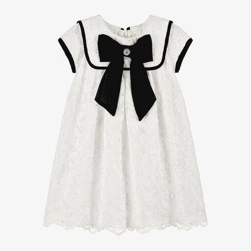 Patachou-Girls Ivory Lace & Black Bow Dress | Childrensalon