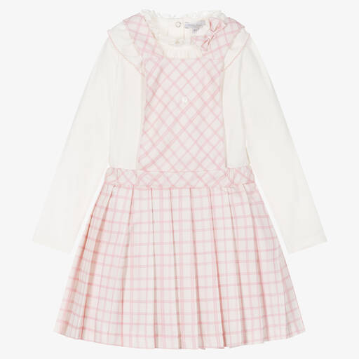 Patachou-Girls Ivory & Pink Check Dress Set | Childrensalon