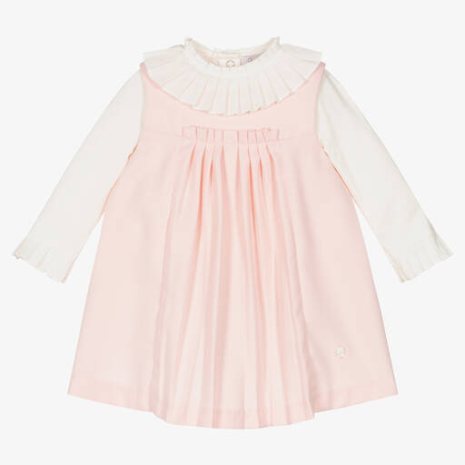 Patachou-Girls Ivory & Pink Pinafore Dress Set | Childrensalon