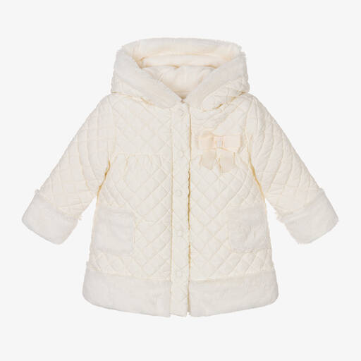 Patachou-Girls Ivory Quilted Hooded Coat | Childrensalon