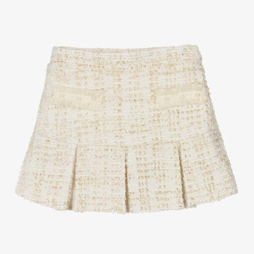 Patachou-Girls Ivory Tweed Cotton Skirt | Childrensalon