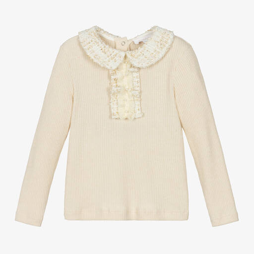 Patachou-Girls Ivory Viscose Tweed Collar Sweater | Childrensalon