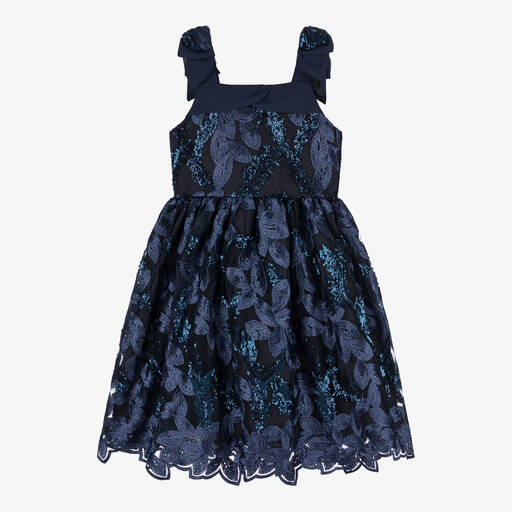 Patachou-Girls Navy Blue Embroidered Tulle Dress | Childrensalon
