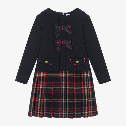 Patachou-Girls Navy Blue Jersey & Tartan Flannel Dress | Childrensalon