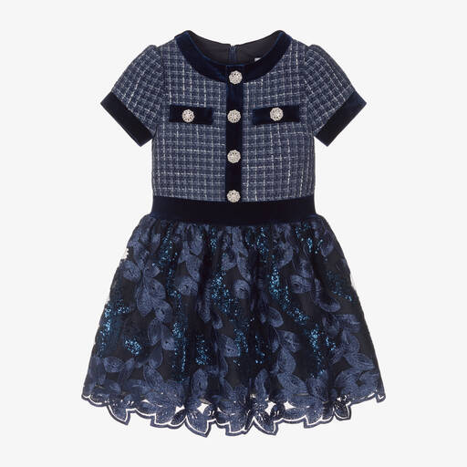 Patachou-Girls Navy Blue Tweed & Tulle Dress | Childrensalon