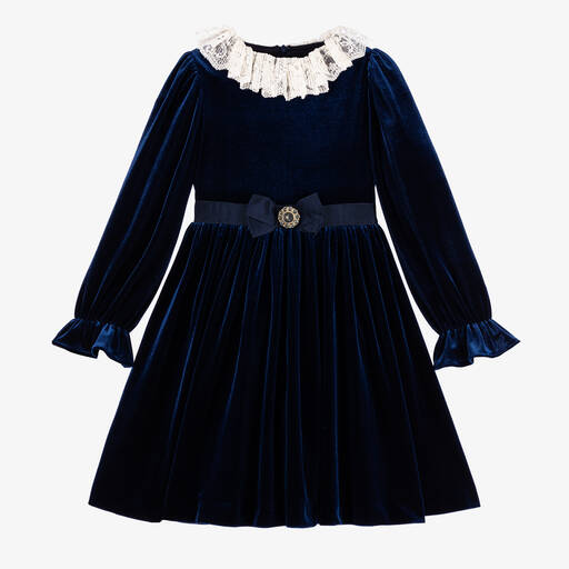 Patachou-Girls Navy Blue Velour Dress | Childrensalon
