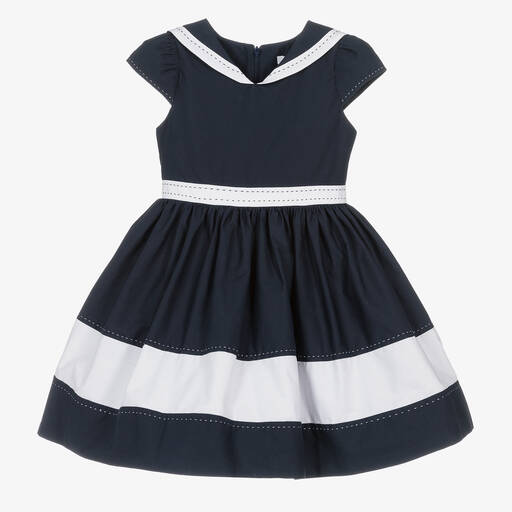 Patachou-Girls Navy Blue & White Cotton Dress | Childrensalon