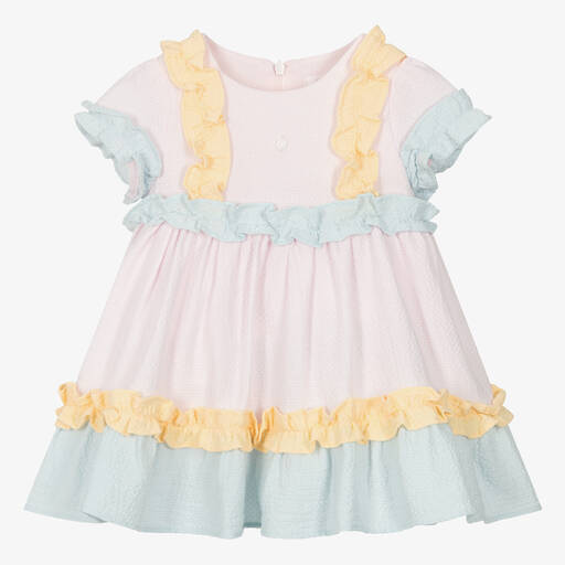 Patachou-Girls Pastel Pink & Blue Cotton Seersucker Dress | Childrensalon