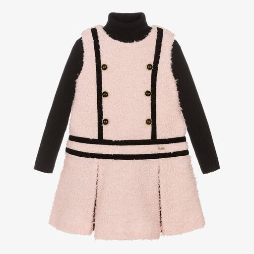 Patachou-Girls Pink & Black Bouclé Dress Set | Childrensalon