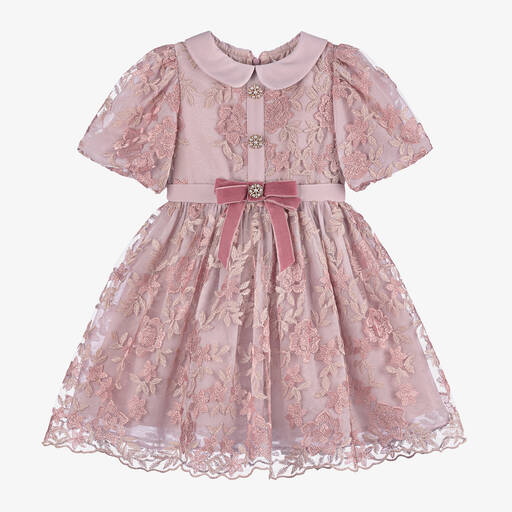 Patachou-Girls Pink Embroidered Tulle Dress | Childrensalon
