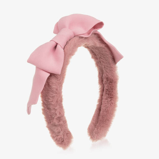 Patachou-Girls Pink Faux Fur & Crêpe Bow Hairband | Childrensalon