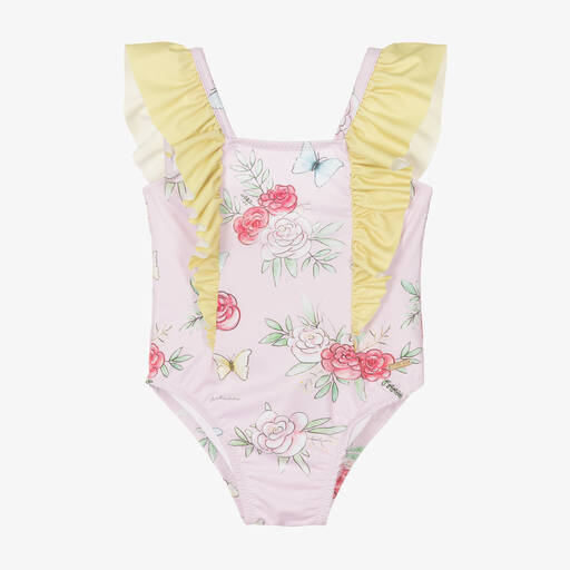 Patachou-Girls Pink Floral & Butterfly Print Swimsuit | Childrensalon