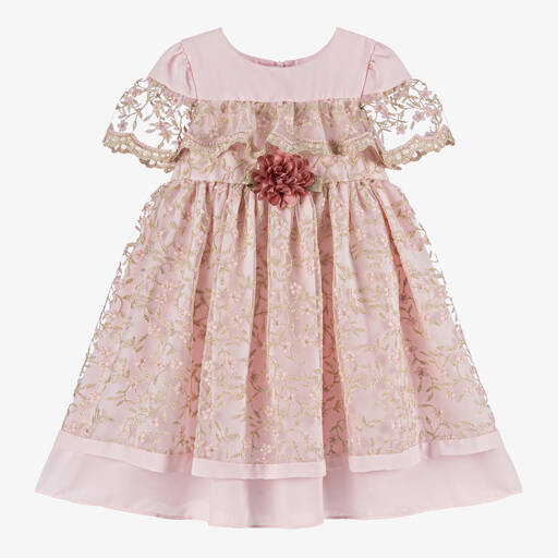 Patachou-Girls Pink Floral Embroidered Tulle Dress | Childrensalon