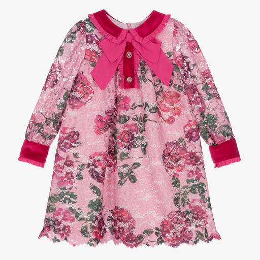 Patachou-Girls Pink Floral Lace & Velvet Dress | Childrensalon