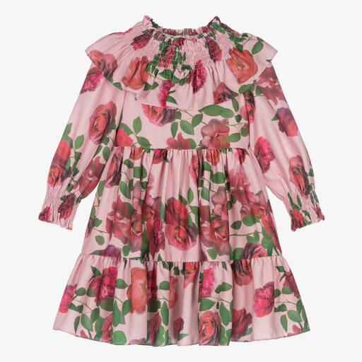 Patachou-Girls Pink & Green Floral Crêpe Dress | Childrensalon