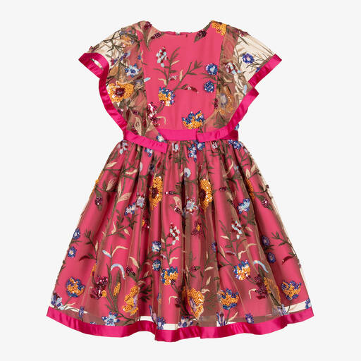 Patachou-Girls Pink Sequin Floral Tulle Dress | Childrensalon