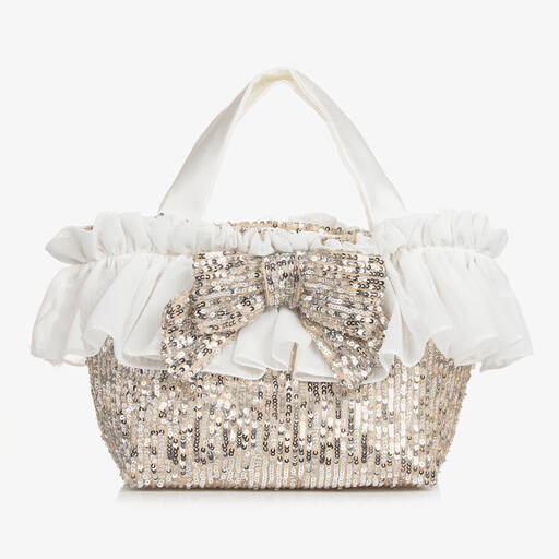 Patachou-Girls Silver Sequin Bow Handbag (26cm) | Childrensalon