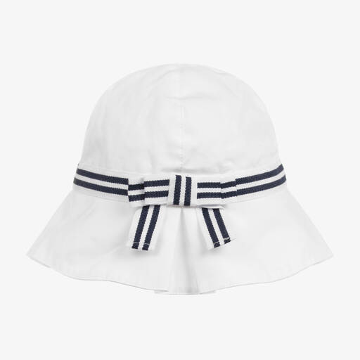 Patachou-Girls White & Blue Cotton Bow Sun Hat | Childrensalon