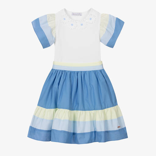 Patachou-Girls White & Blue Cotton Skirt Set | Childrensalon