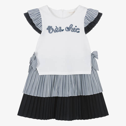 Patachou-Girls White & Navy Blue Nautical Cotton Dress | Childrensalon