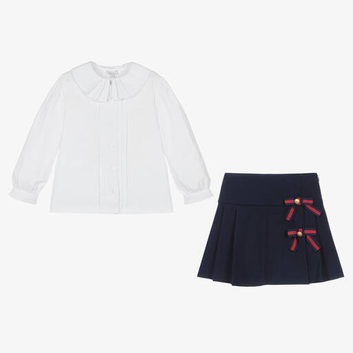 Patachou-Girls White & Navy Blue Skirt Set | Childrensalon