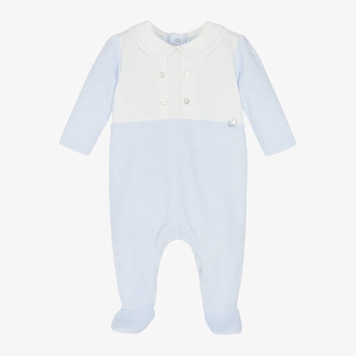 Paz Rodríguez-Boys Blue Velour Babygrow | Childrensalon