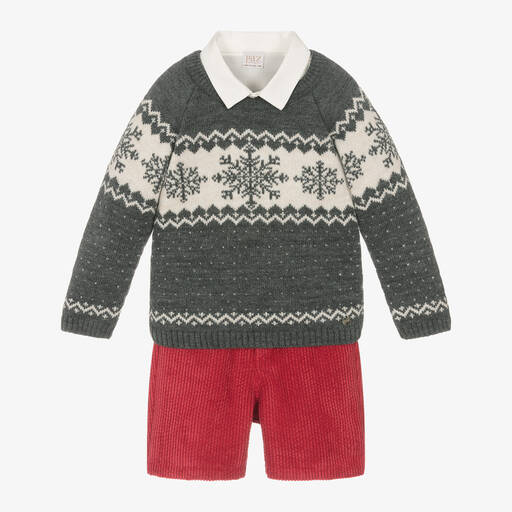 Paz Rodríguez-Boys Grey Wool Knit Festive Shorts Set | Childrensalon