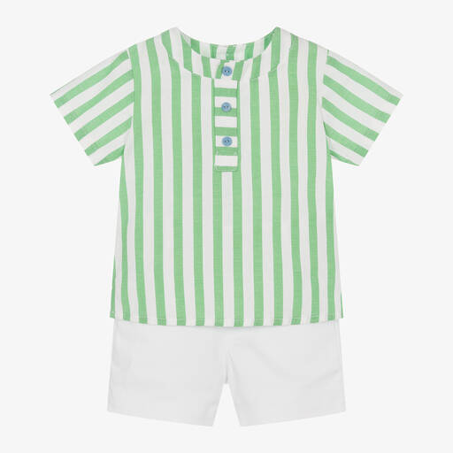 Paz Rodríguez-Boys White & Green Stripe Cotton Shorts Set | Childrensalon