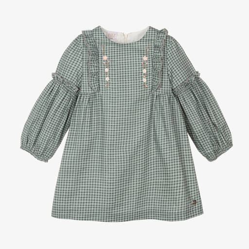 Paz Rodríguez-Girls Green Gingham Cotton Dress  | Childrensalon